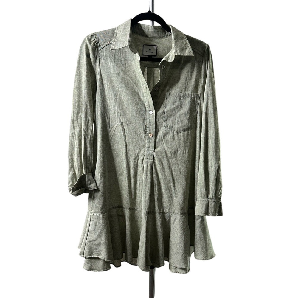 Tuckernuck‎ Olive Green Cotton Ruffle Hem Shirt Dress Long Sleeve Y22541T Small